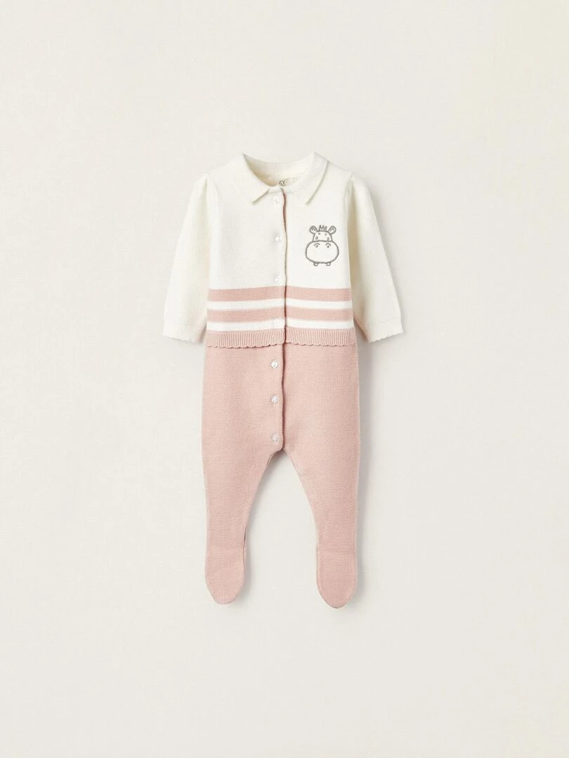 Combinaison en maille avec pieds pour nouveau né 'Hippopotame' manches longues EARLY BLOOM Rose clair