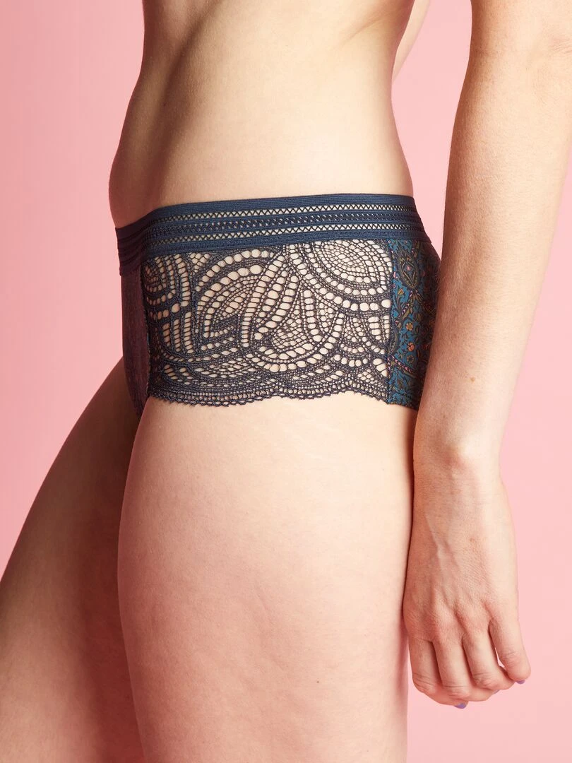 Shorty en microfibre et dentelle   Bleu marine