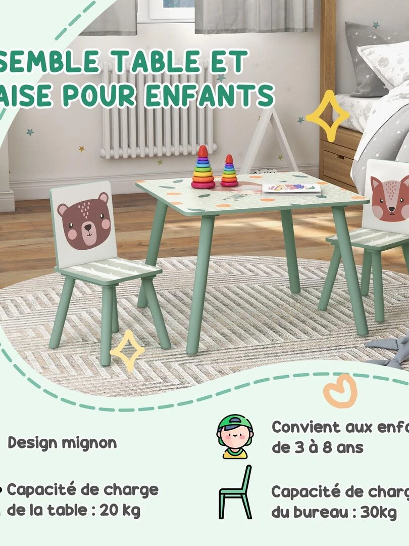 Ensemble table et chaises enfant design animaux de la forêt bois pin MDF vert   Vert