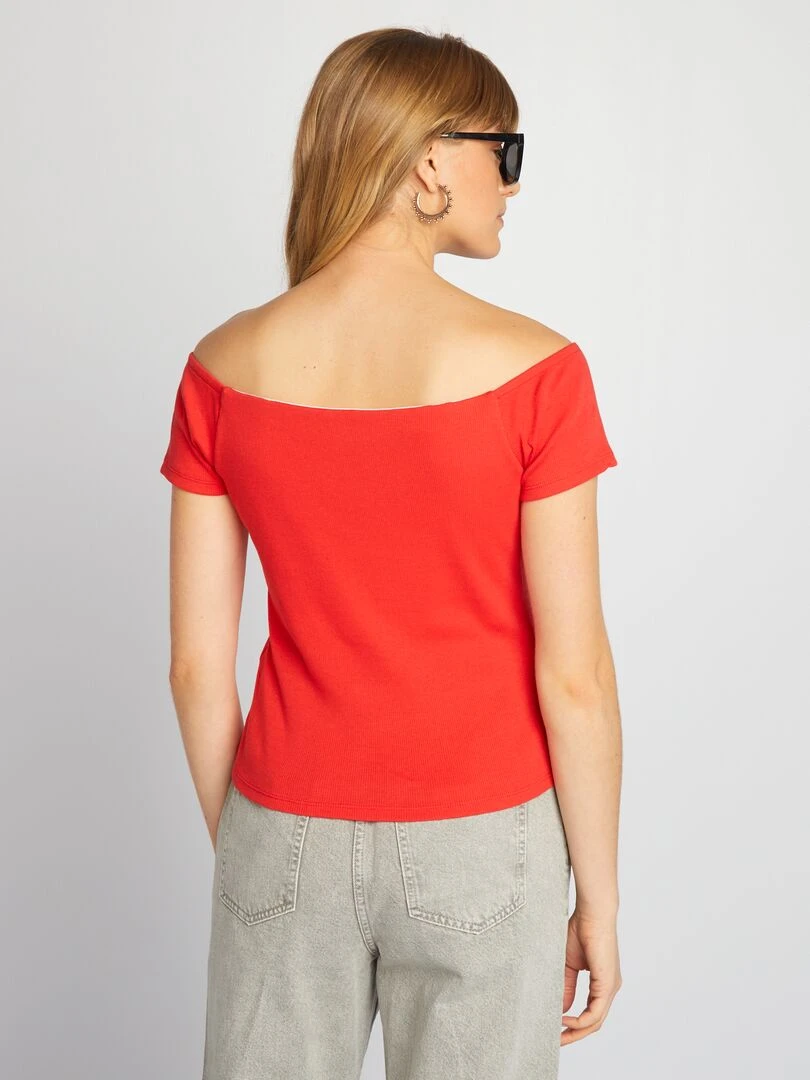 T shirt bardot en maille cotelée   rouge