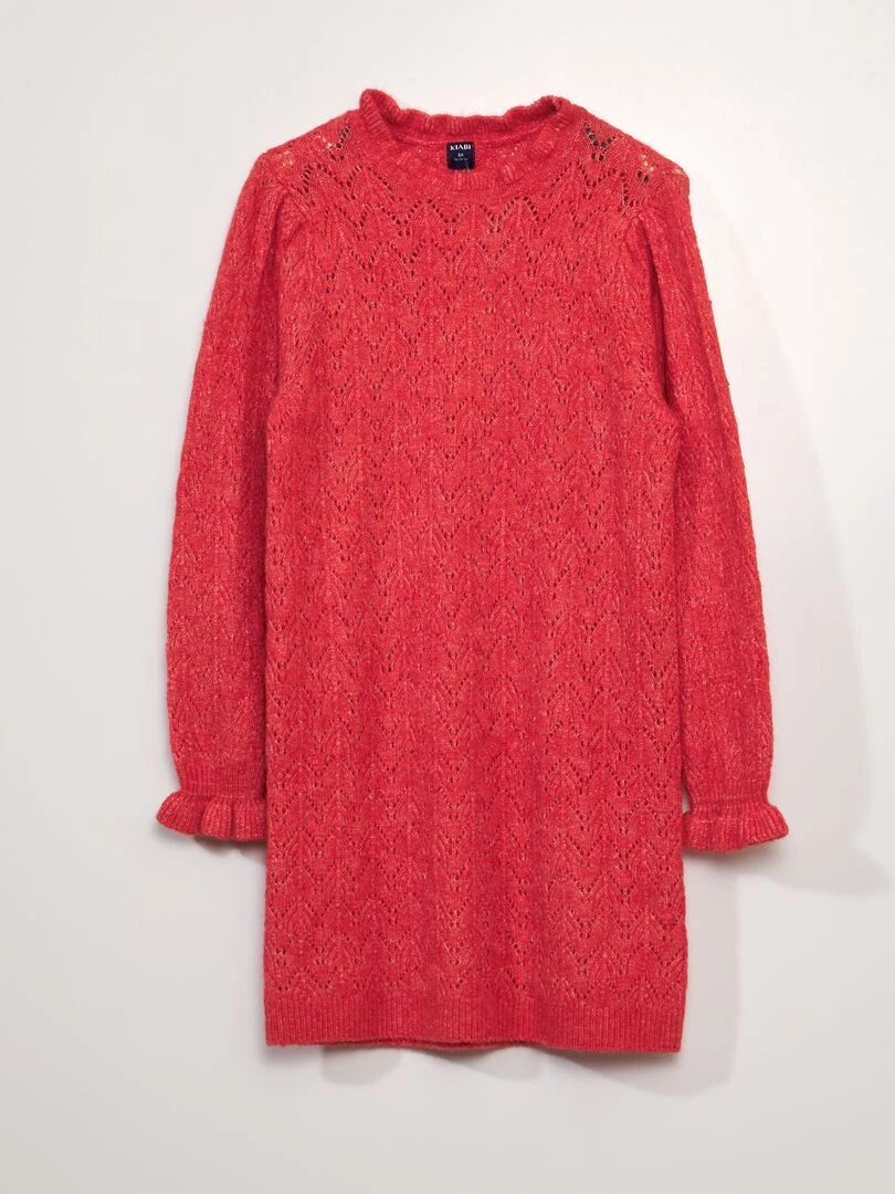 Robe pull maille ajourée rouge