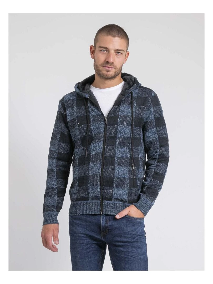 Gilet capuche carreaux doublé sherpa LAMACAO Bleu