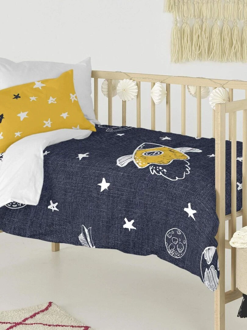 Parure housse de couette 2 pièces Starspace Berceau "Happyfriday" Bleu Jaune