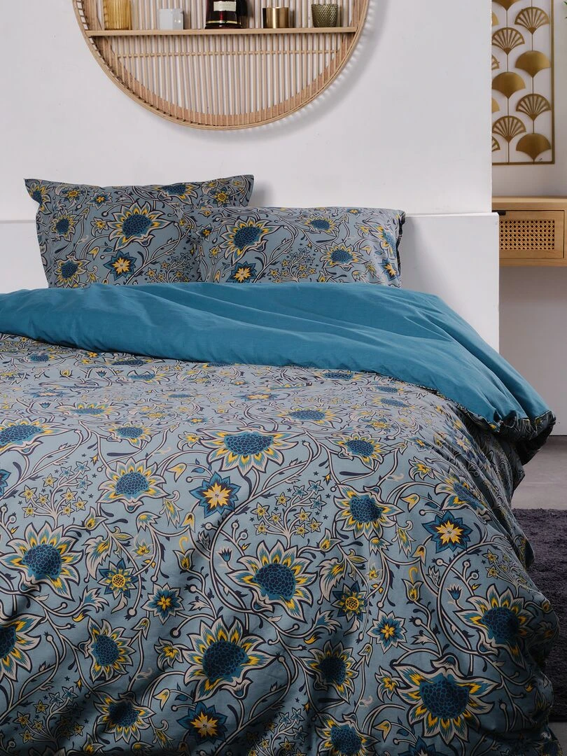 Parure de lit 'fleurie' 2 personnes Bleu canard