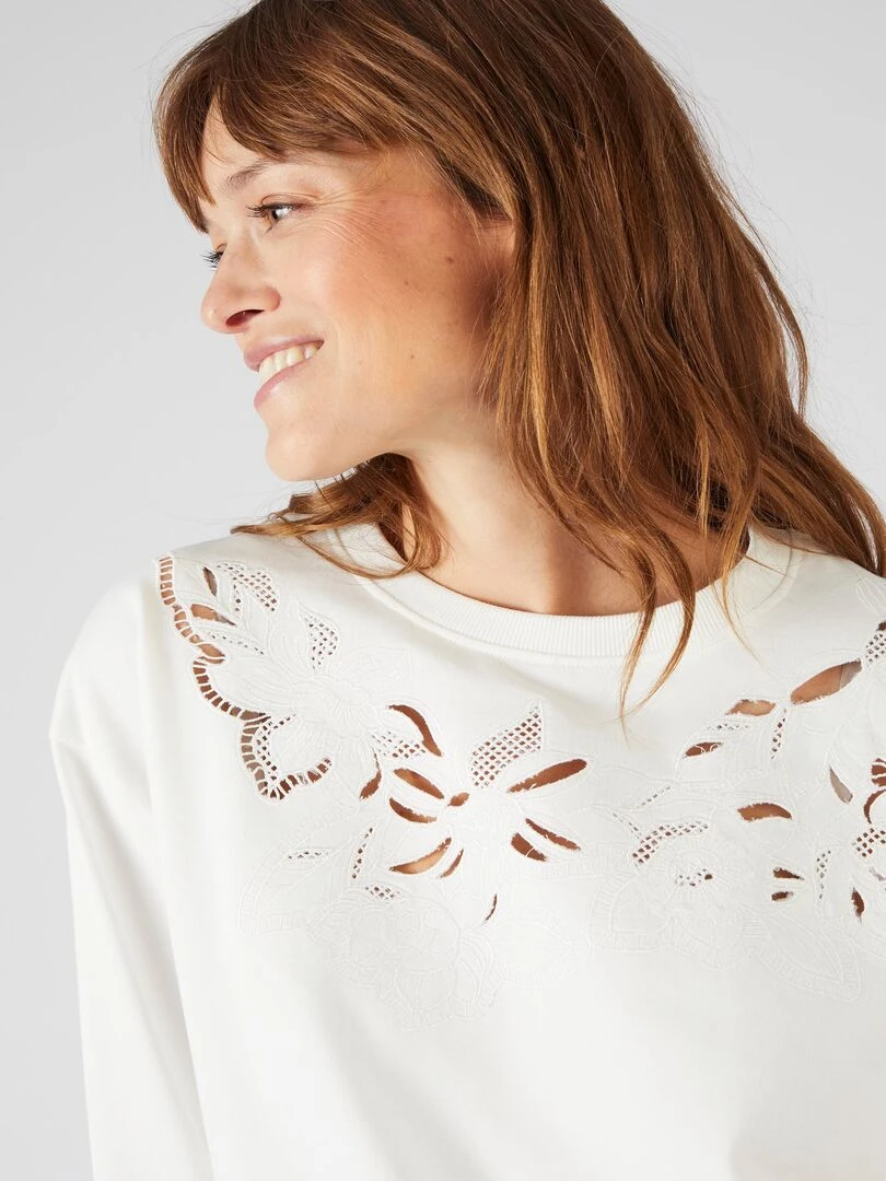 Sweat broderie et guipure Happy D. by Damart Blanc cassé