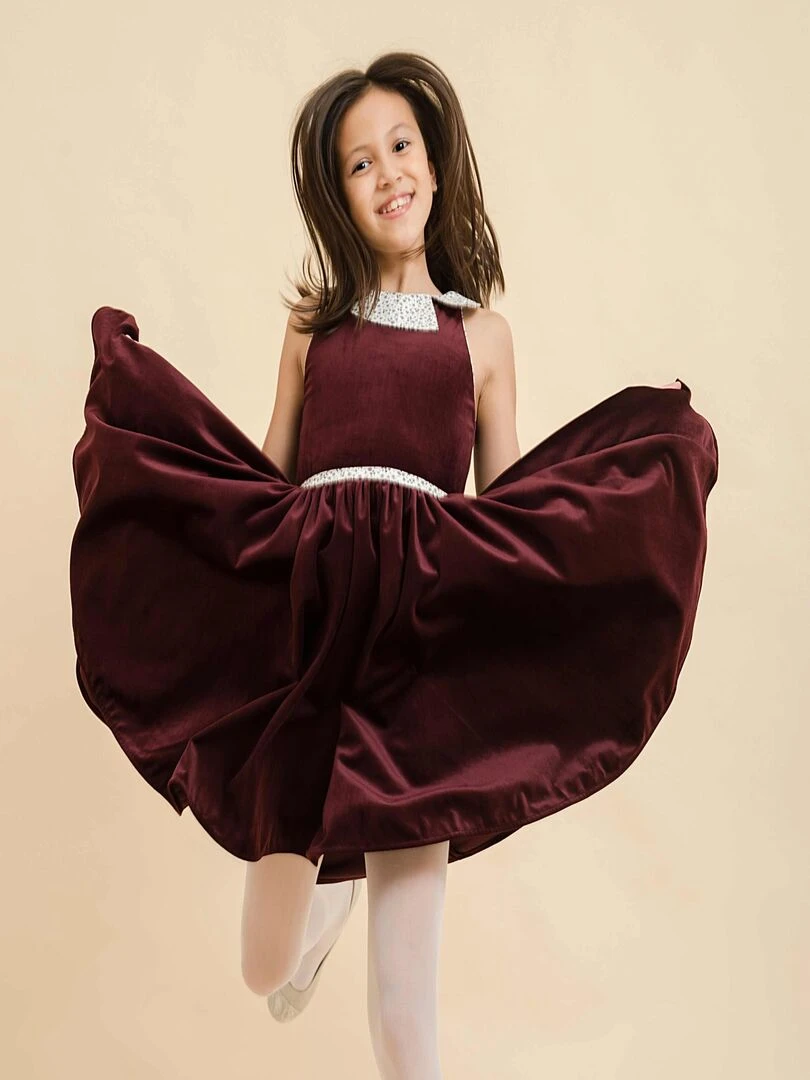 Robe Qui Tourne Fille Velours Bdx Col Fleuri HEPBURN 'LA FAUTE A VOLTAIRE' Rouge