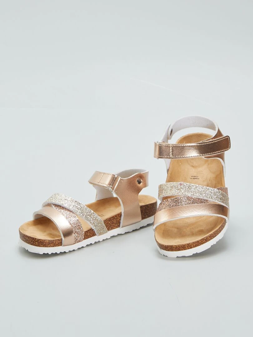 Sandales pailletées à scratchs   Rose gold