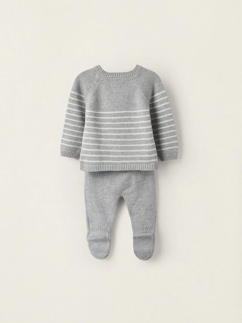 Pull en maille + Pantalon avec pieds en tricot pour nouveau né CRADLE OF LIFE Gris clair