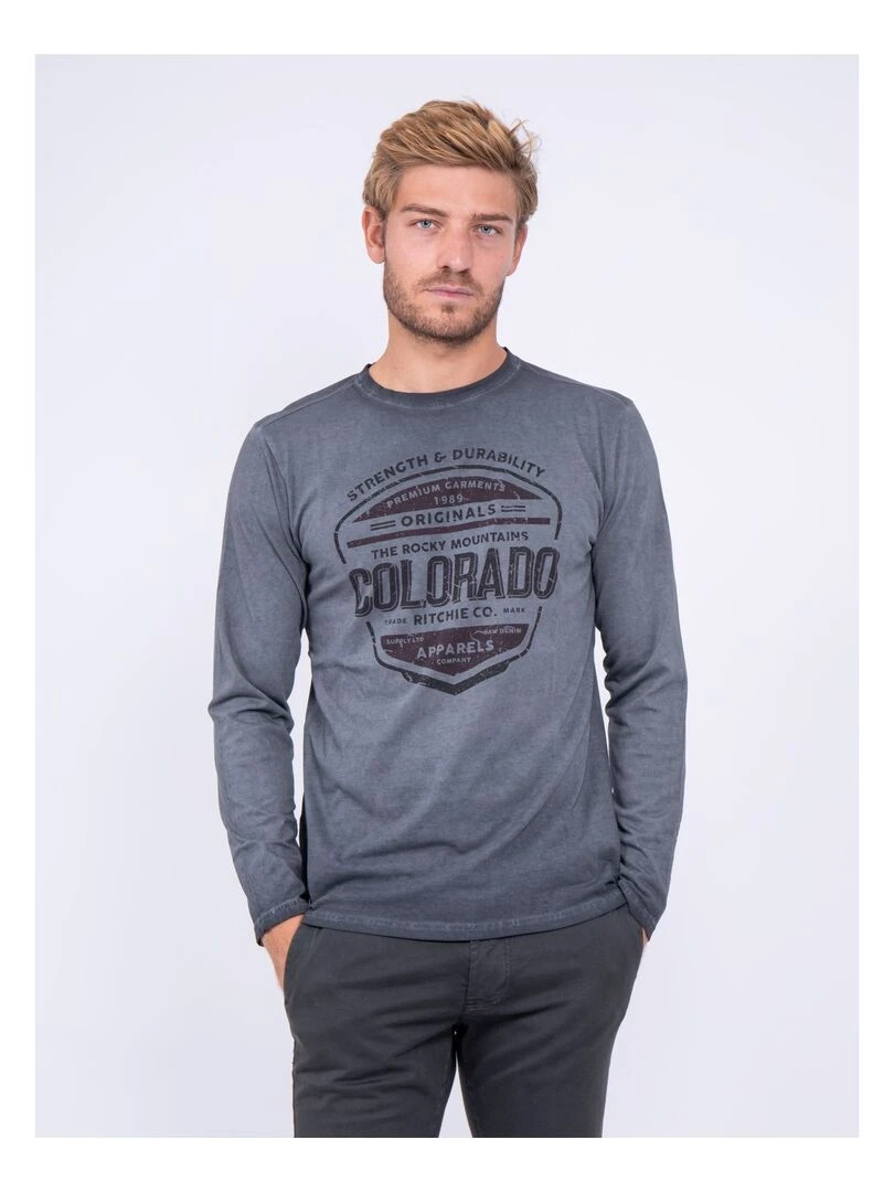 T shirt manches longues col rond pur coton JUMIXO gris anthracite