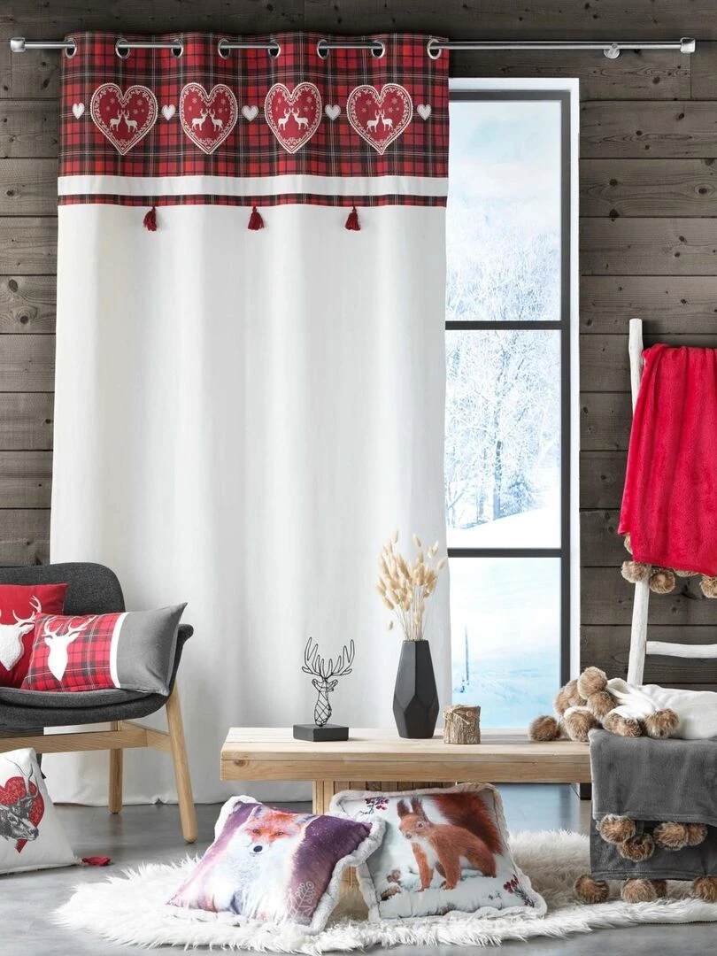 Rideau tamisant au parement à carreaux   Blanc