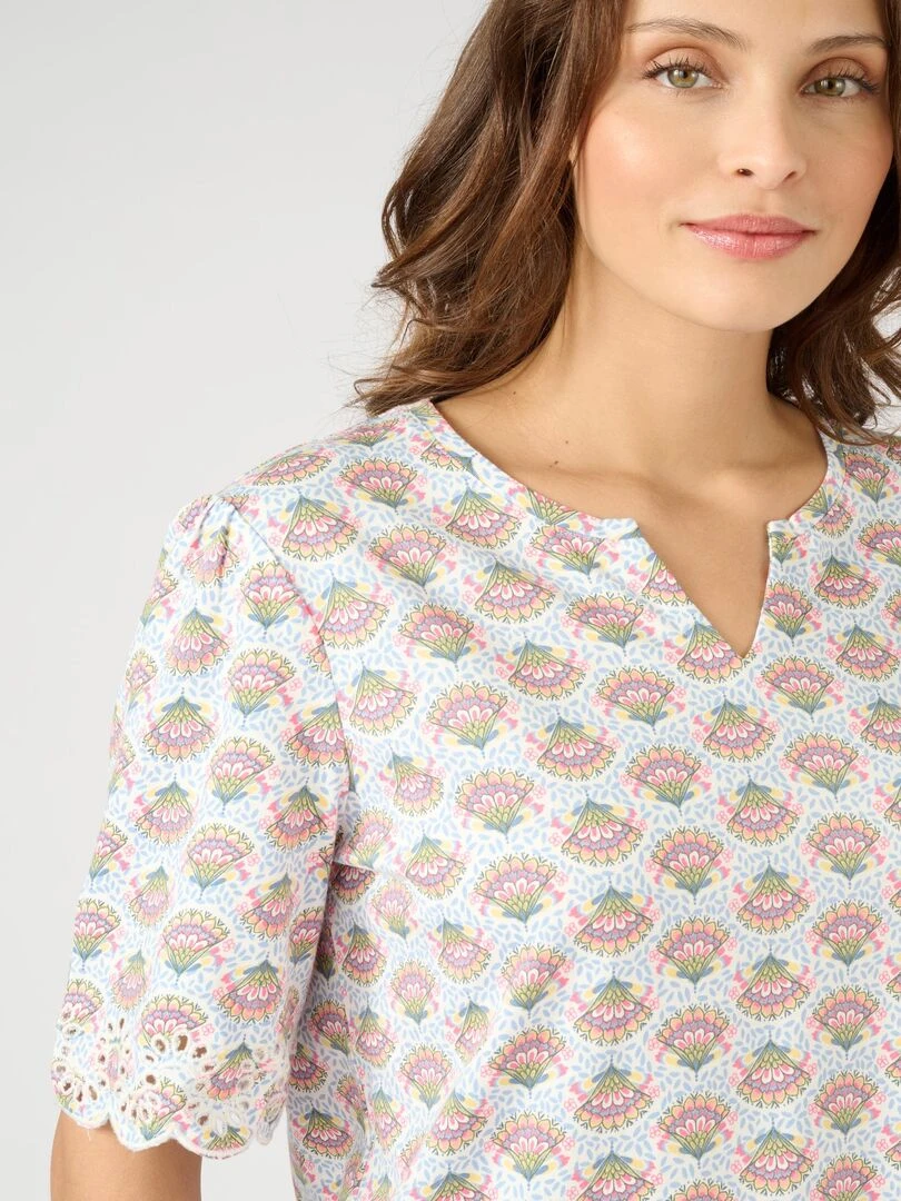 Tee shirt imprimé détails brodés. Damart Blanc
