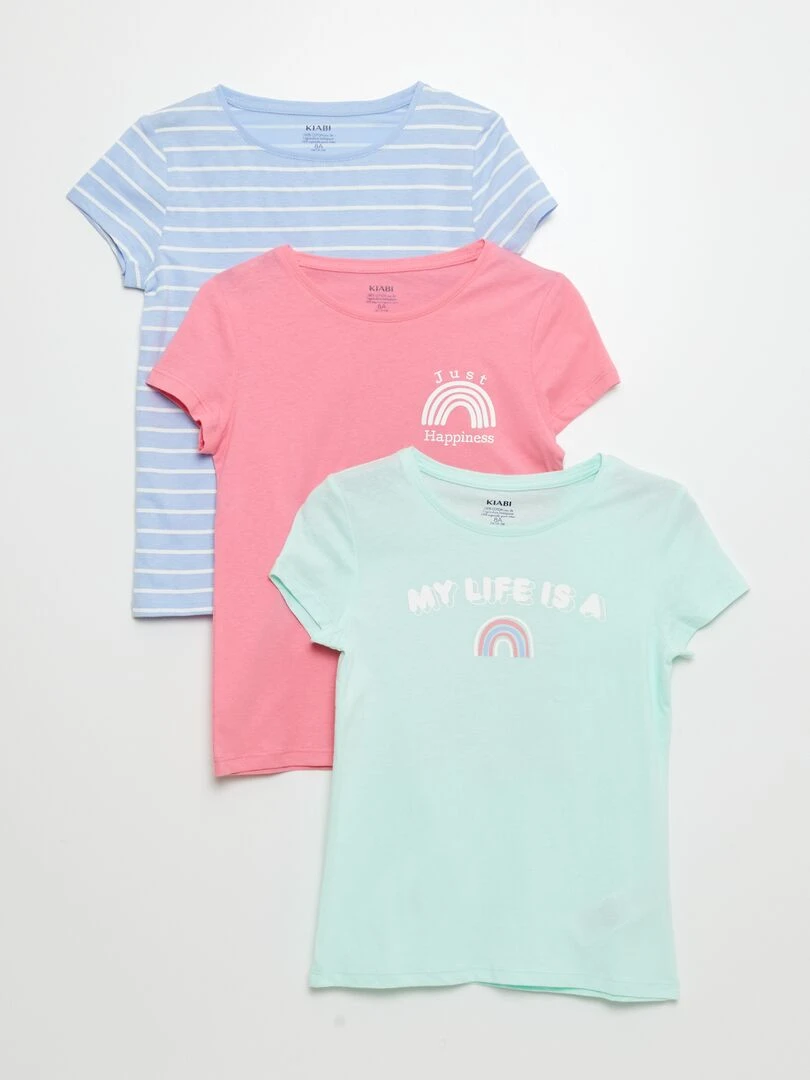 Lot de 3 t shirts imprimés Rose/bleu/bvert