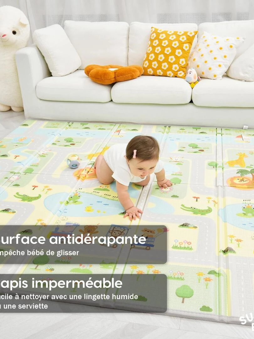Tapis de Jeu en mousse  épais et pliable pour enfants   ROAD XL   SUPERBE BEBE   Blanc Vert clair