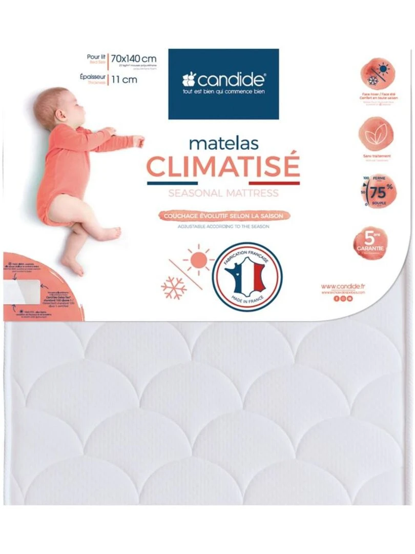 Matelas bébé Climatisé 2 faces 70 cm x 140 cm x 11 cm Blanc