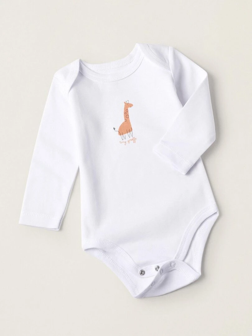 Pack 4 Bodies en Coton pour Nouveau Né et Bébé 'Animaux' manches longues ESSENTIALS LINE   Blanc