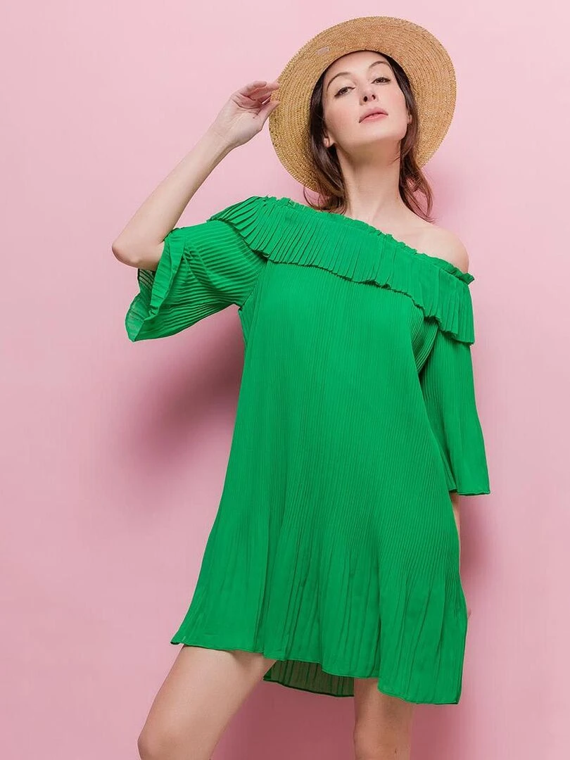 Robe plissée épaules dénudées verte Vert
