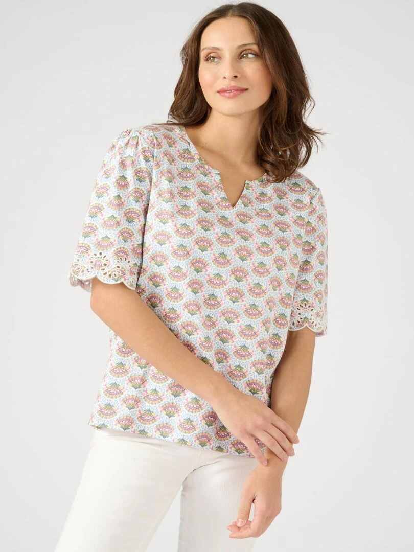 Tee shirt imprimé détails brodés. Damart Blanc