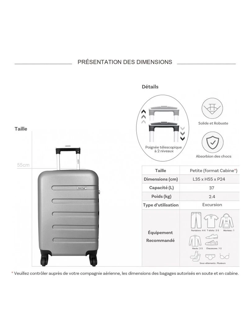 Valise cabine rigide 55cm ABS   Gris
