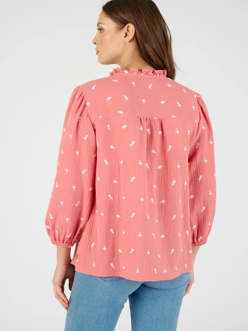Blouse gaze de coton brodée   Damart   Rose
