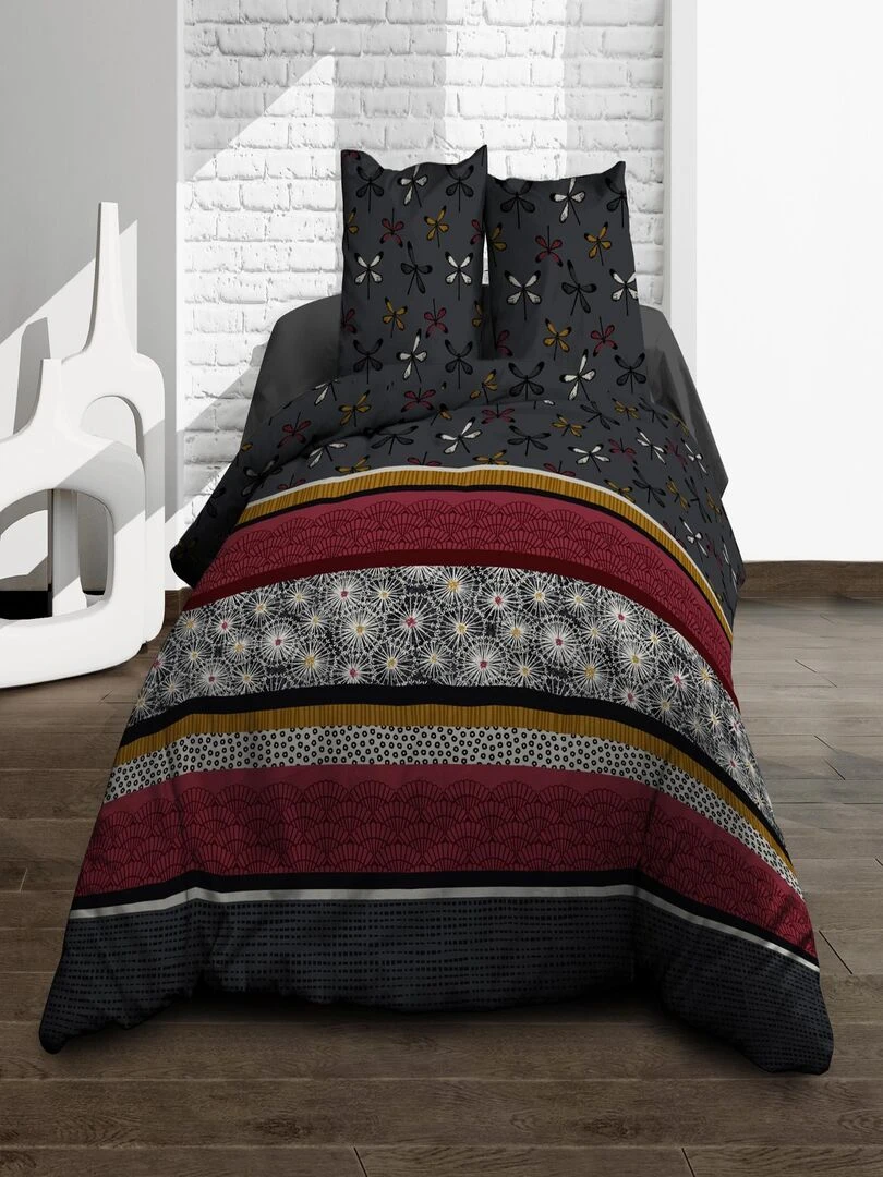 Parure Drap plat + drap housse 140x190 + 2 T Pur coton 57 fils Loretta Rouge