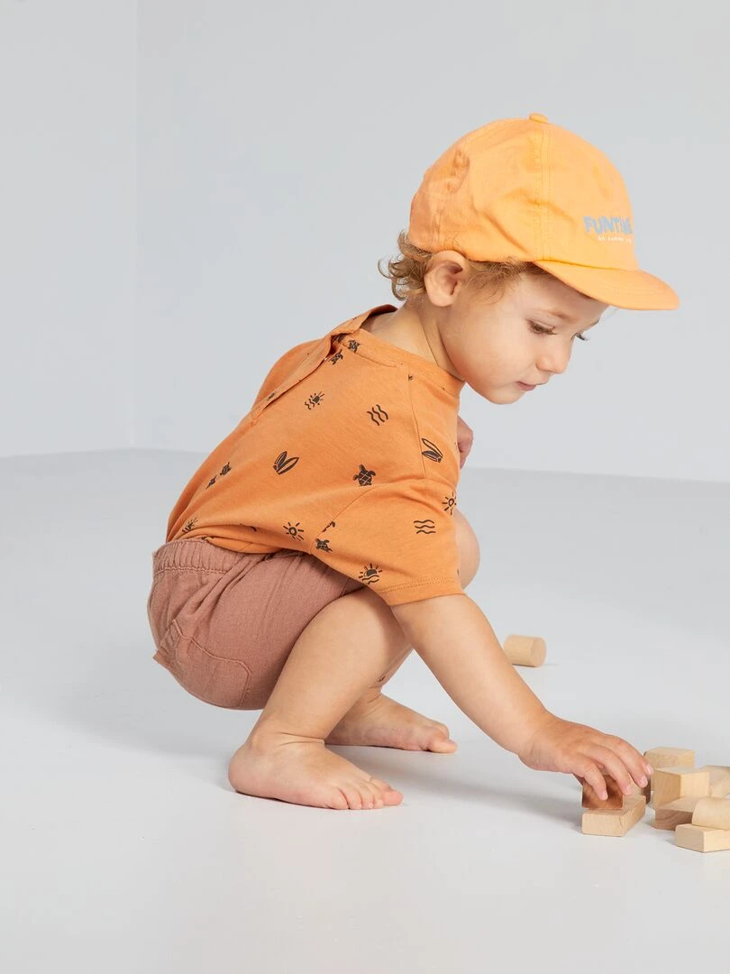 Short uni en coton et en lin   Marron