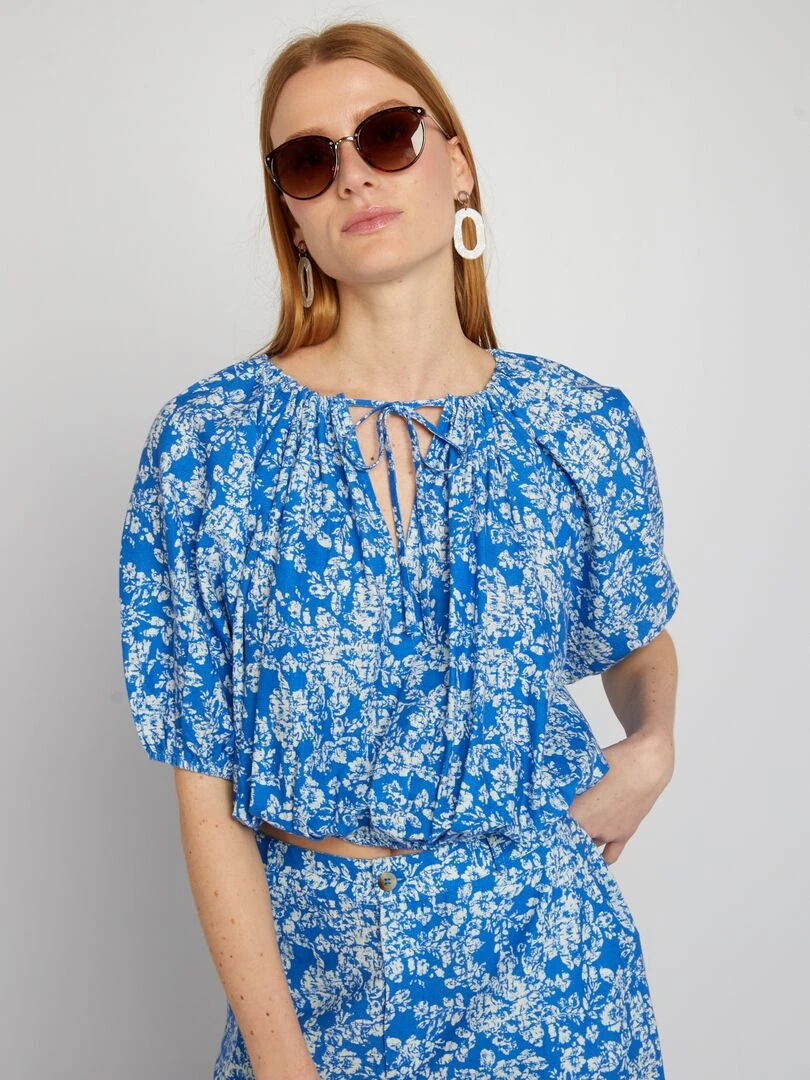 Blouse crop top à manches ballons   Bleu