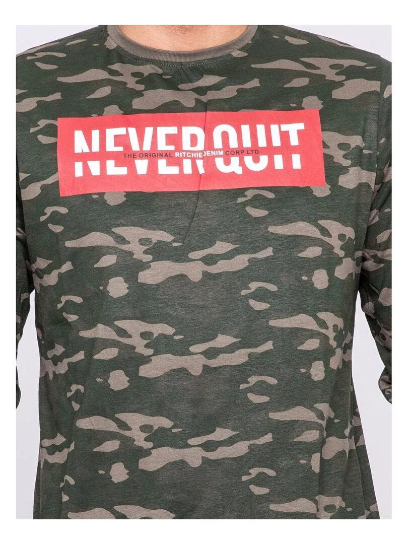 T shirt manches longues col rond pur coton JESTIN   Kaki