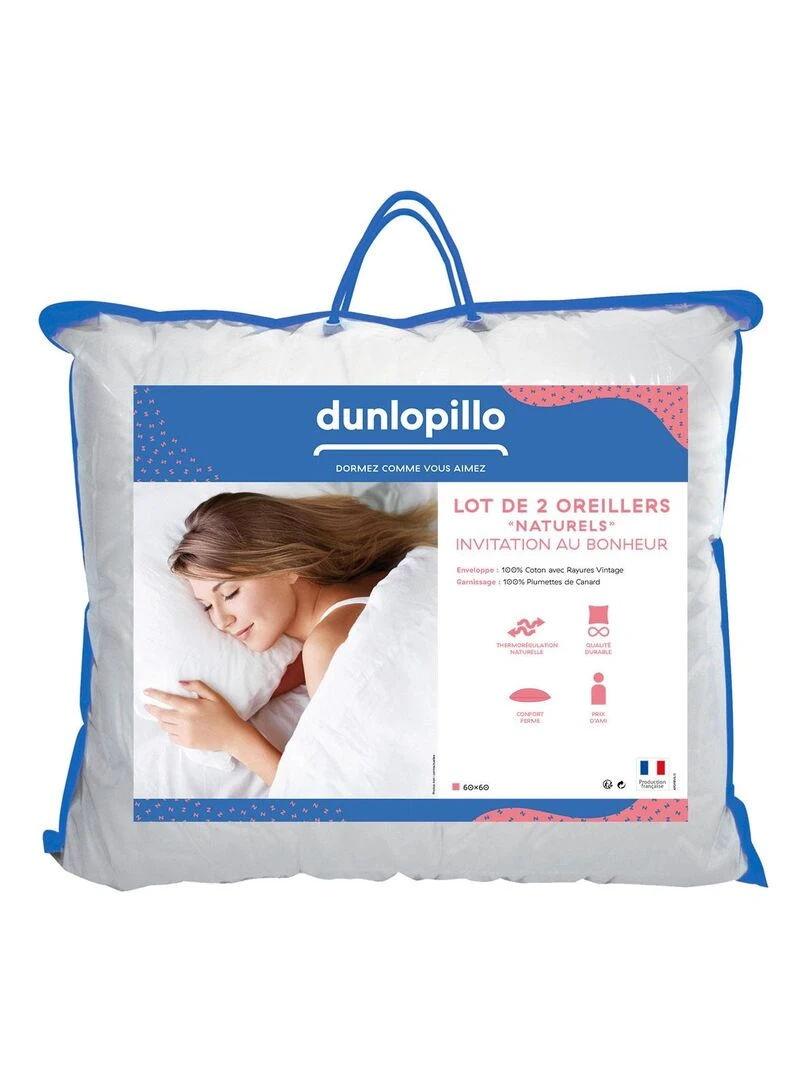 DUNLOPILLO Lot de 2 oreillers Invitation au Bonheur 100% plumettes Blanc