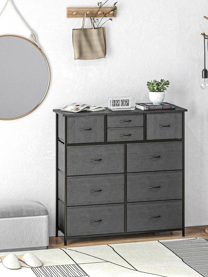 Rangement commode 10 tiroirs plateau acier MDF non tissé noir Noir