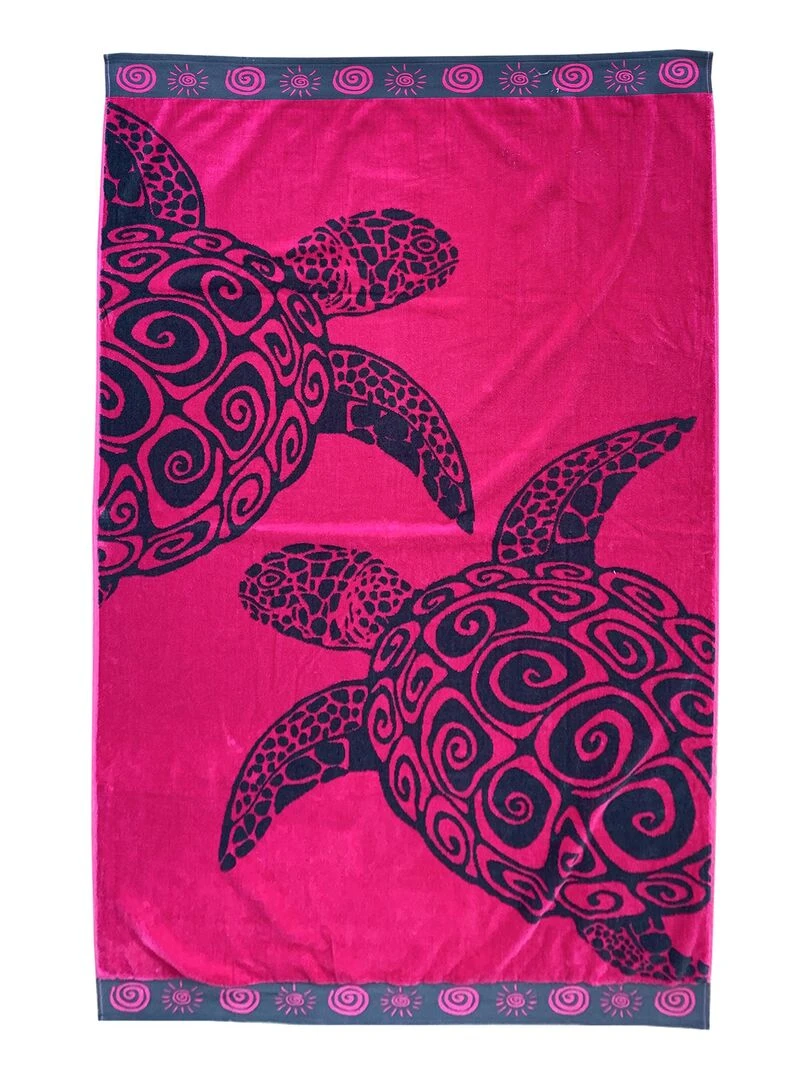 Serviette de plage éponge velours Jacquard Fuchsia Turtle L 100x175 470g/m² Rose fushia