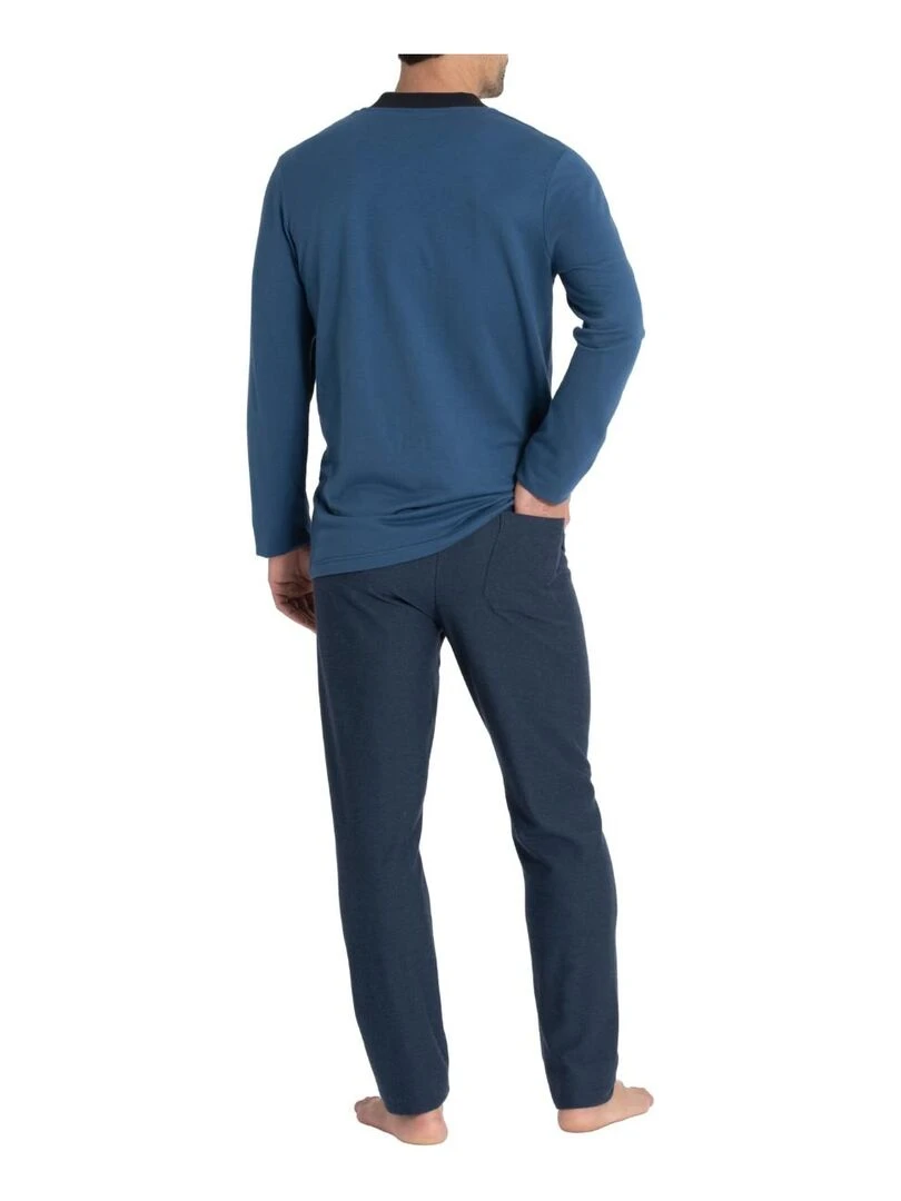 Pyjama long cardé 100% coton à micro motif jacquard Zen Bleu