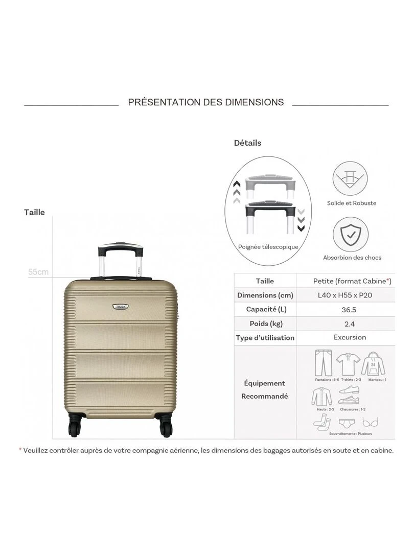 Valise cabine rigide 55cm ABS   Beige