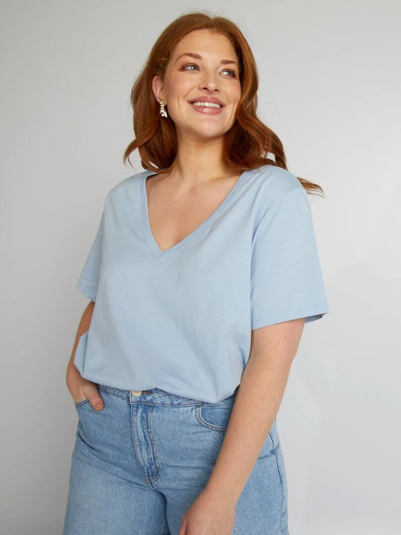T shirt en jersey à col V Bleu