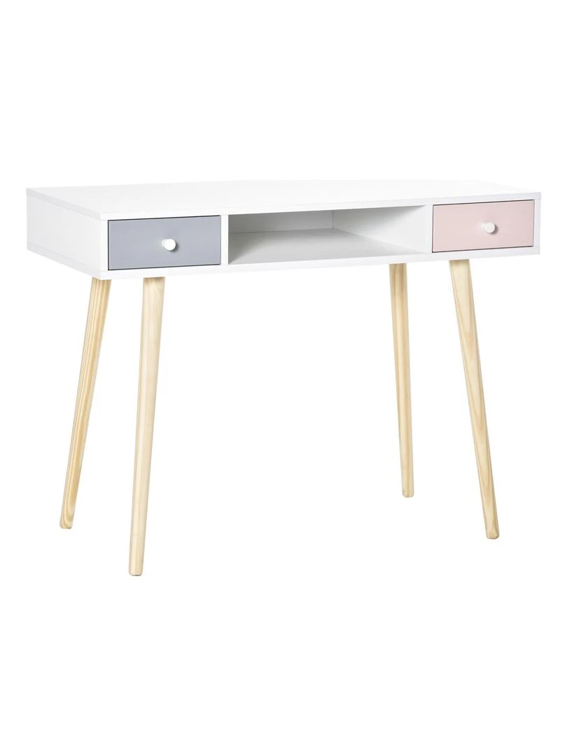 Bureau enfant style scandinave 2 tiroirs blanc MDF et pin Blanc