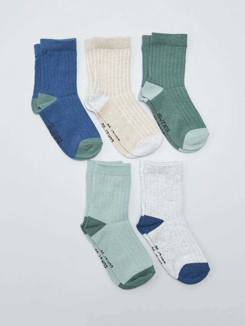 Lot de 5 paires de chaussettes côtelées Blanc/bleu/vert/beige