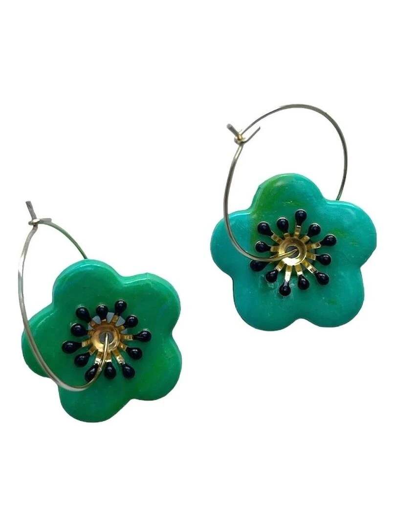 Boucles d'oreilles  créoles fleur verte   Modèle fait main   Vert