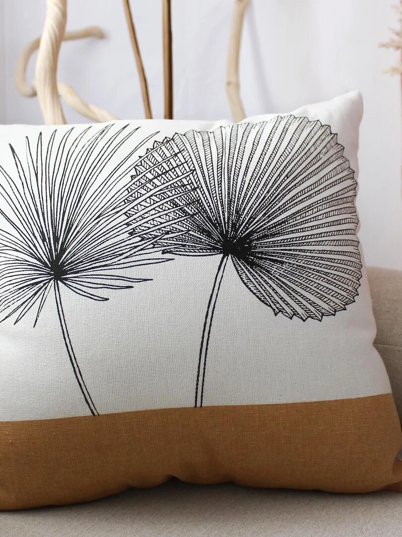 Coussin déhoussable imprimé de feuilles de papyrus Ecru