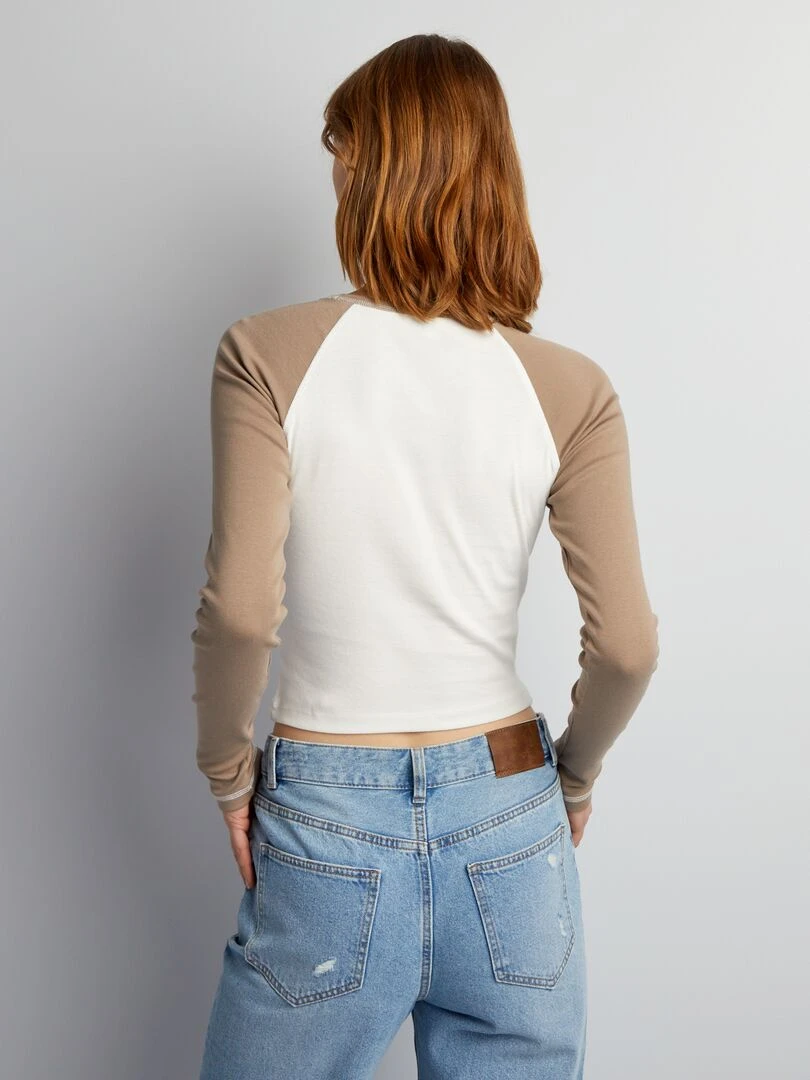 T shirt court à manches longues   Beige/blanc