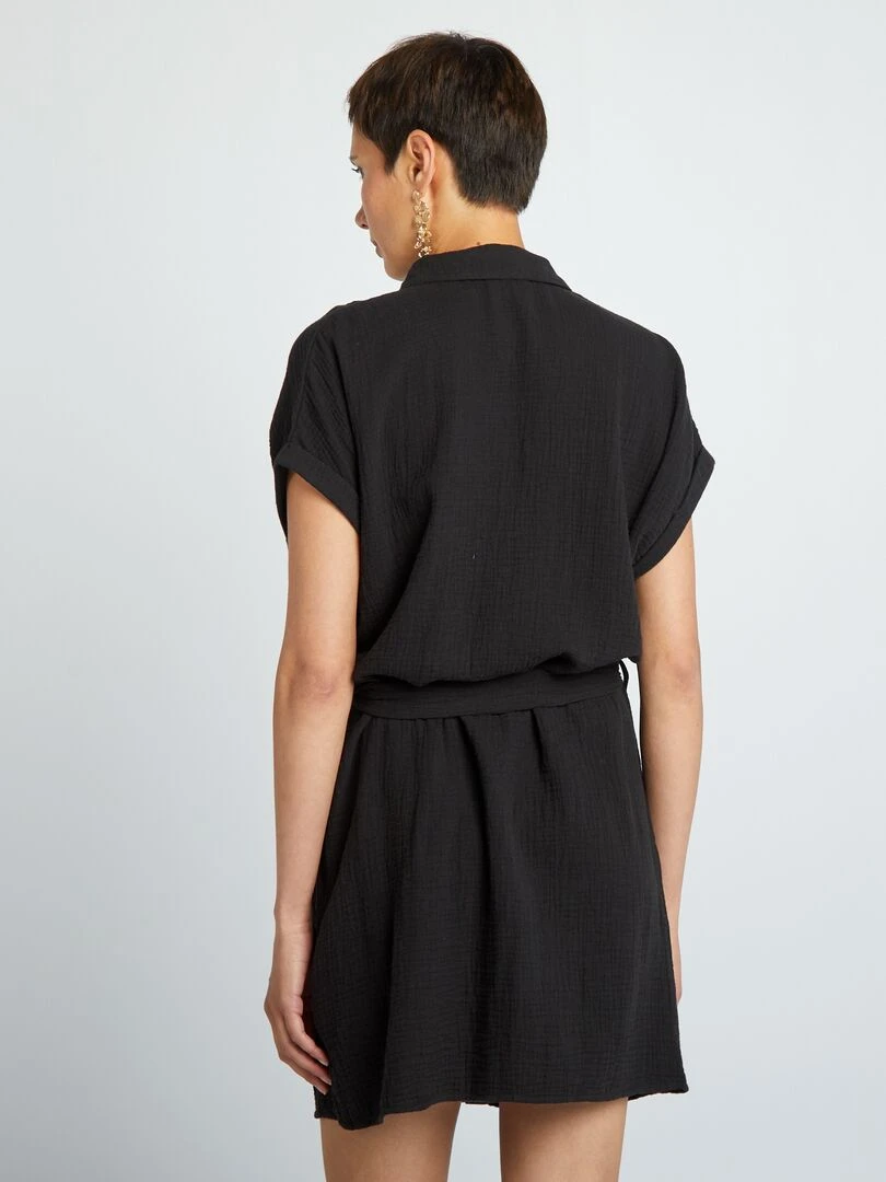 Robe courte forme chemise en double gaze de coton   noir
