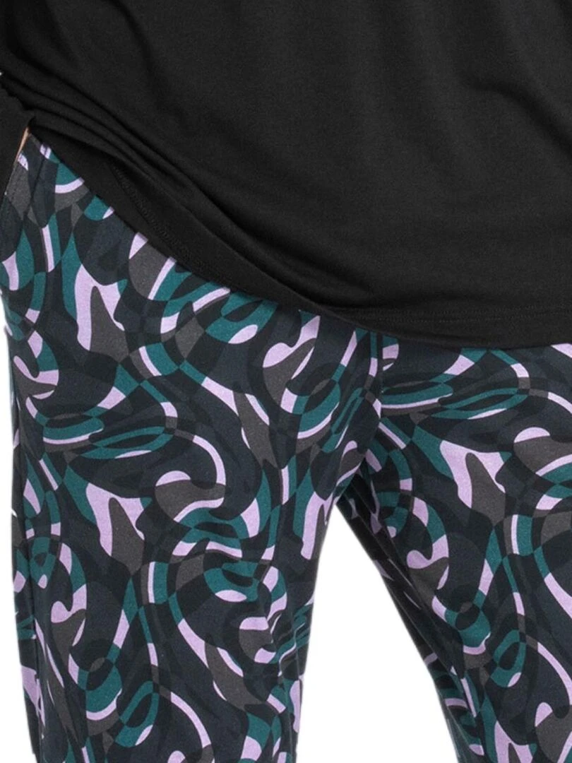 Pyjama long en lyocell et à imprimé abstrait Masato vert et lilas   Noir