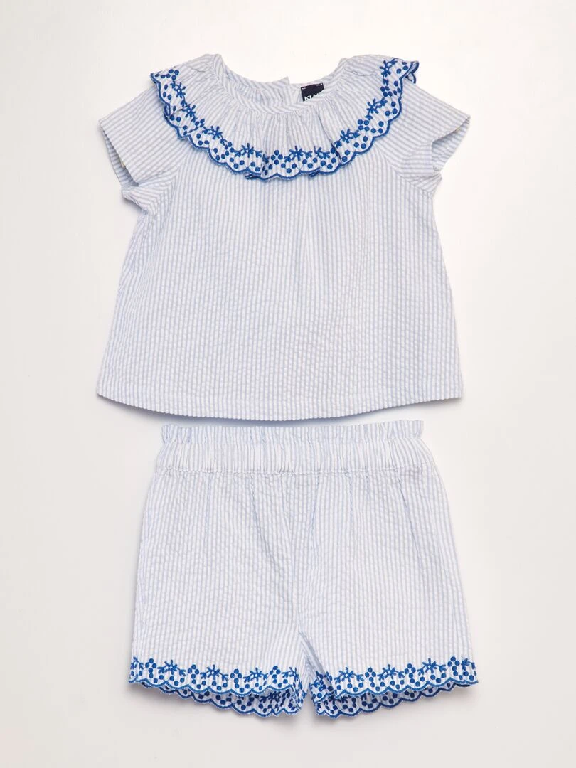 Ensemble blouse + short rayé et brodé 2 pièces Bleu