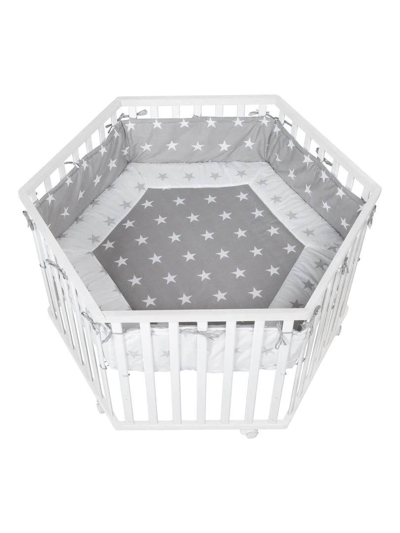 ROBA Parc Bébé Hexagonal en Bois "Little Stars" + Tapis de Parc et Roues à Freins Blanc Blanc