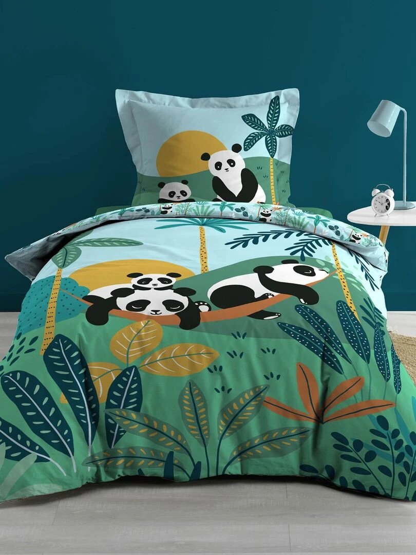 Parure de couette ambiance panda land Bleu