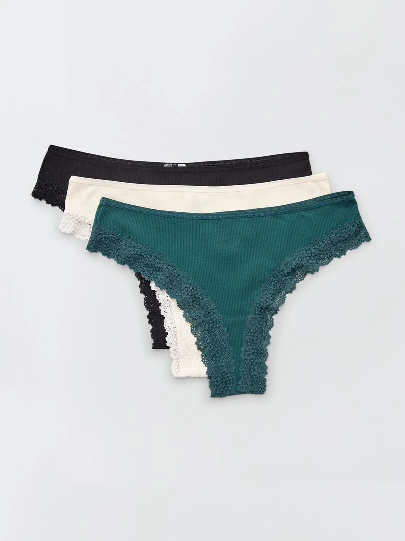 Lot de 3 tangas maille côtelée beige/vert/noir
