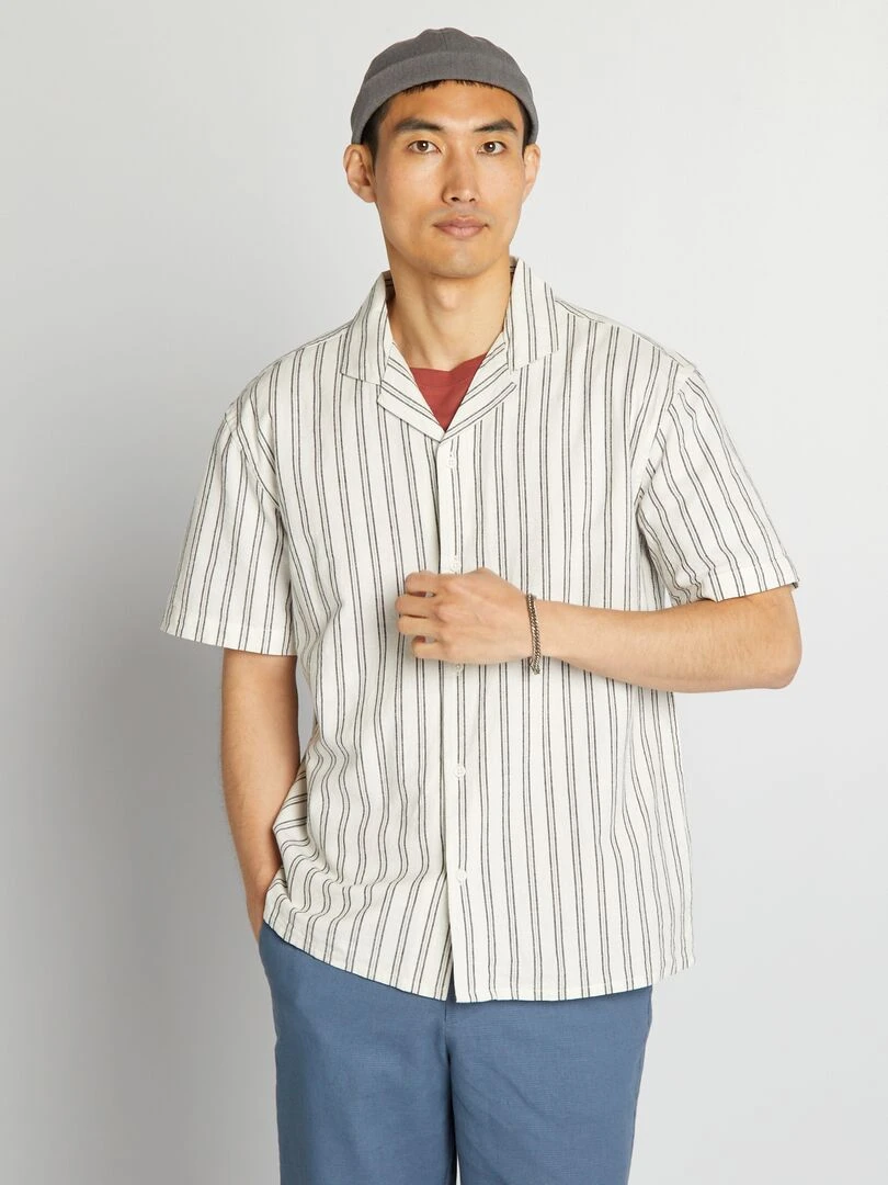Chemise droite en lin mélangé Blanc/noir