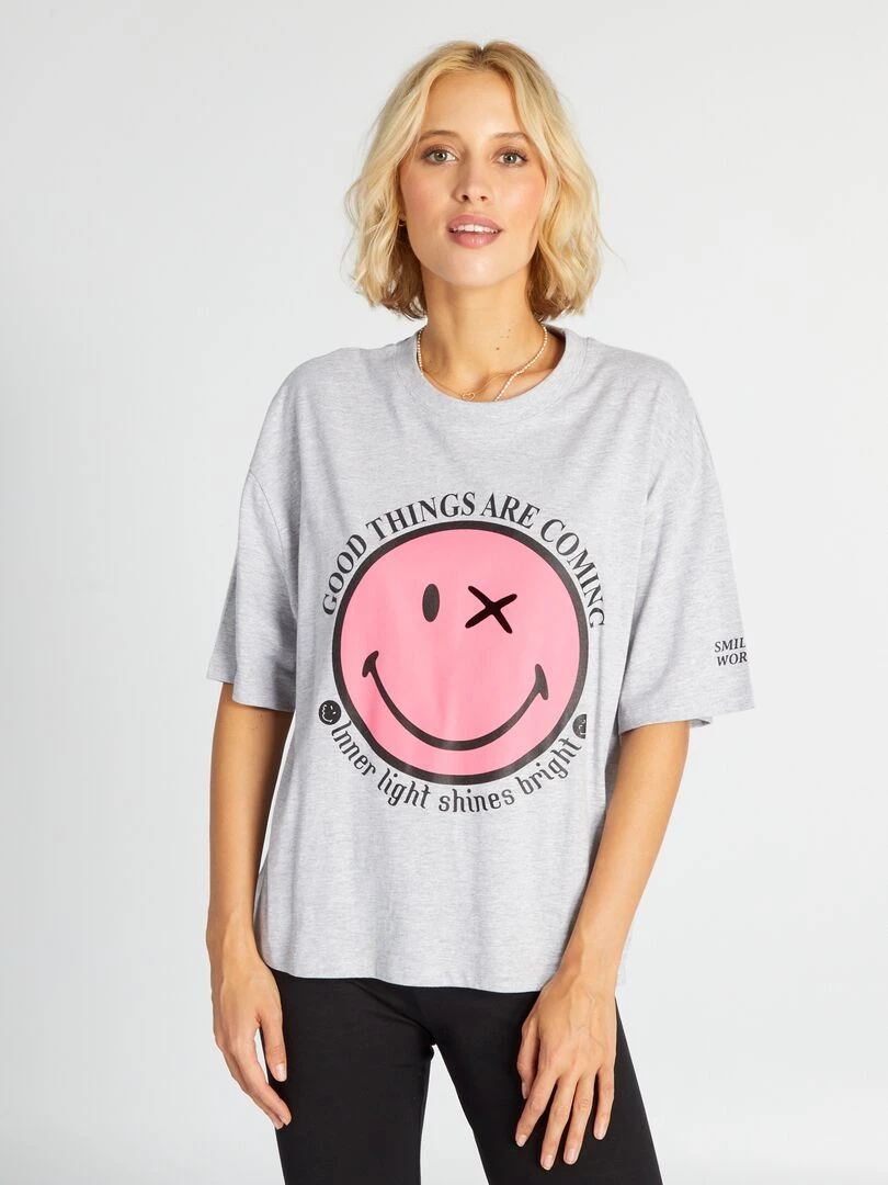 T shirt manches courtes imprimé 'smiley' Gris