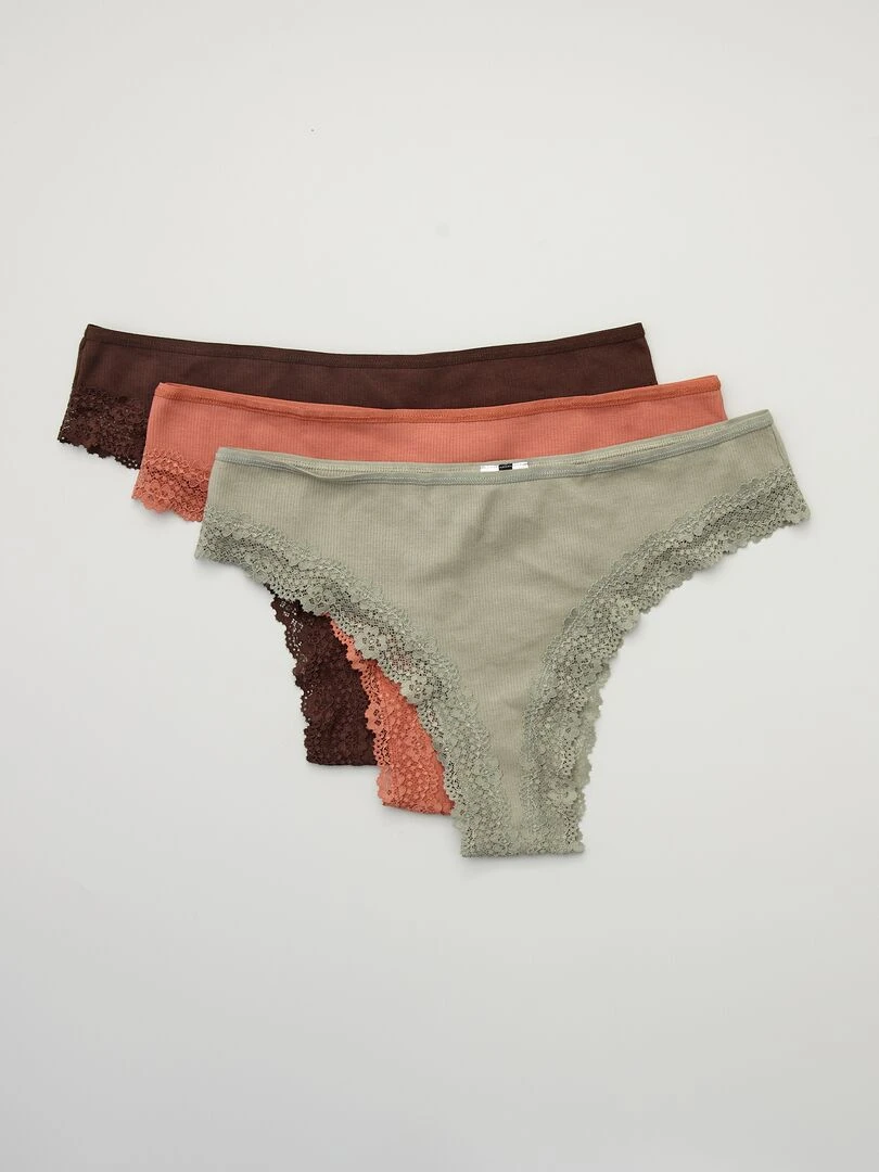 Lot de 3 tangas maille côtelée kaki/rose/marron