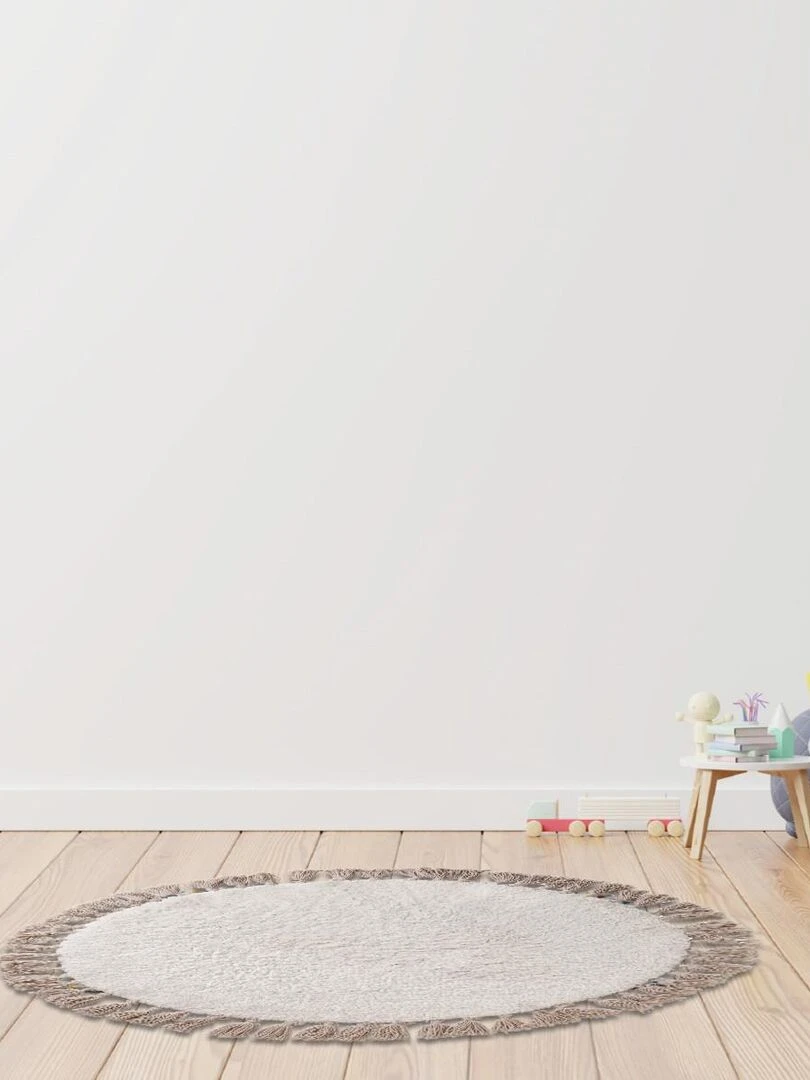 Guy Levasseur Tapis enfant en coton uni ecru et taupe à pompons Blanc