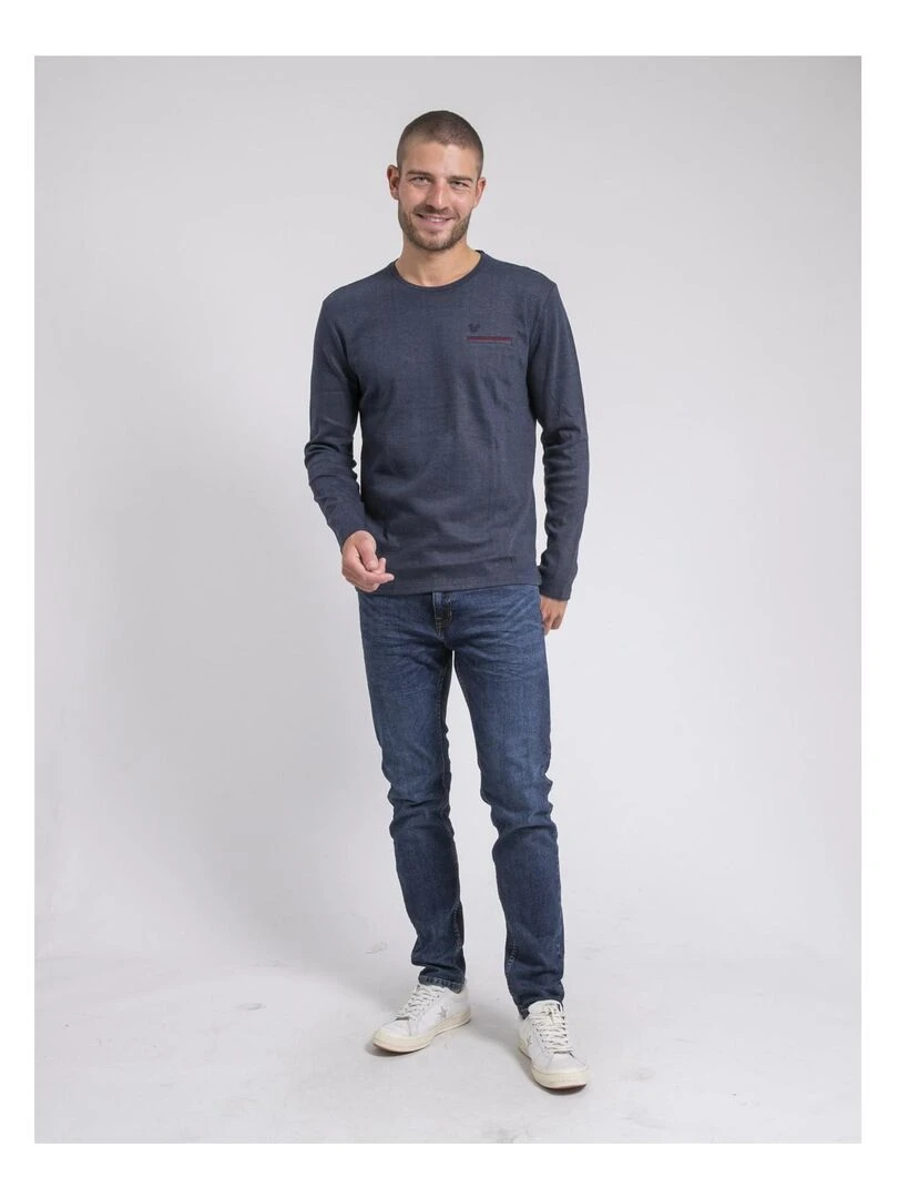 T shirt manches longues col rond pur coton JABOUTIX   Bleu marine