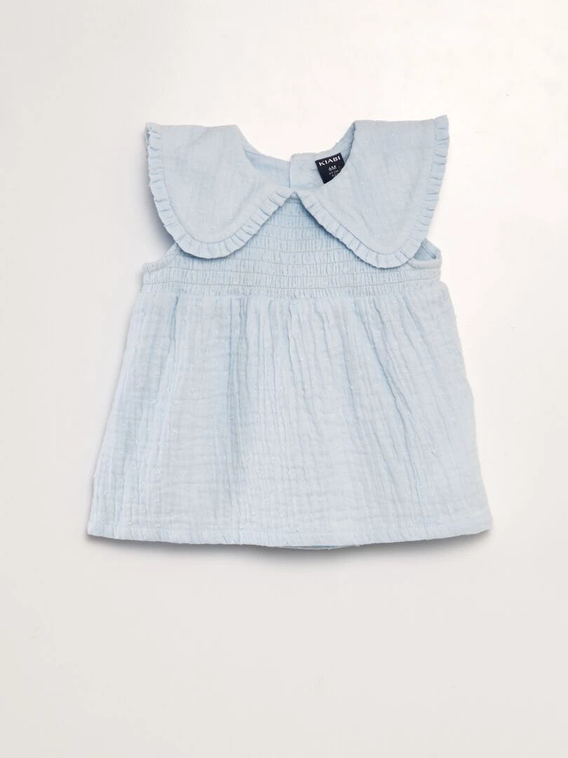 Blouse en gaze de coton avec plumetis Bleu